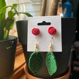 Handmade polymer clay leaf and rose earrings